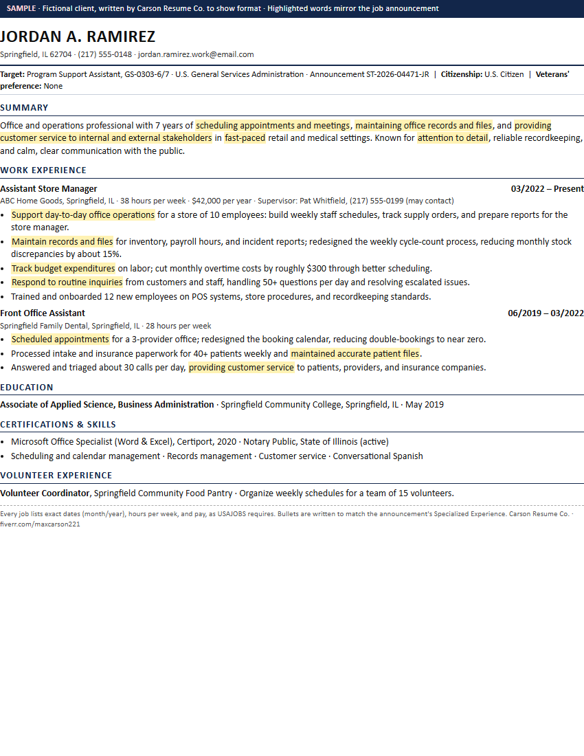 Sample 2-page federal resume for a Program Support Assistant, with keywords from the job announcement highlighted